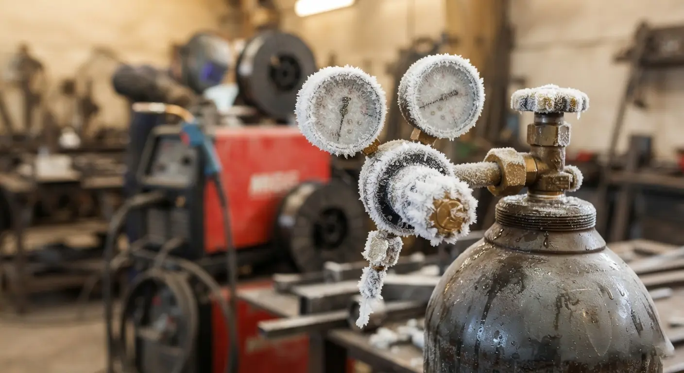 CO2 regulator with frost and ice buildup in a welding workshop