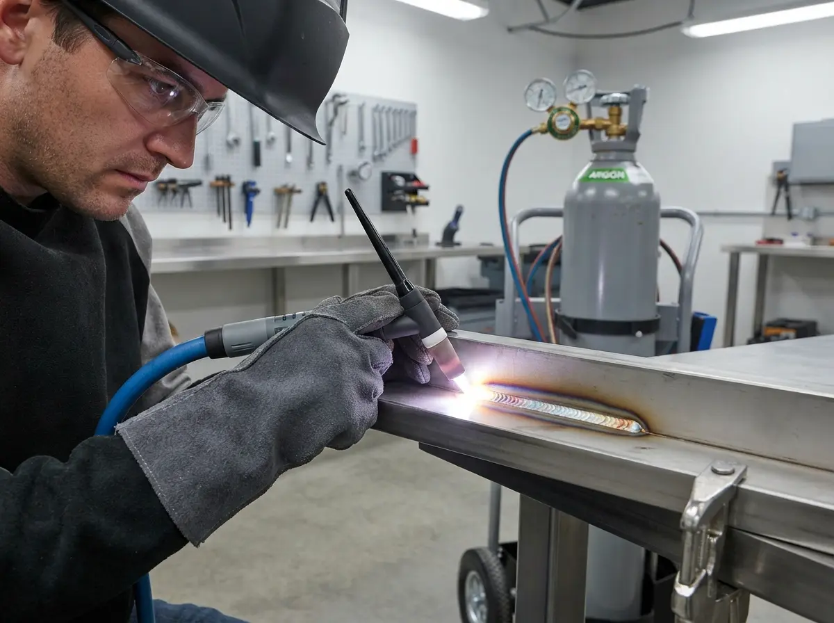 TIG welding stainless steel with argon shielding gas and clean weld bead