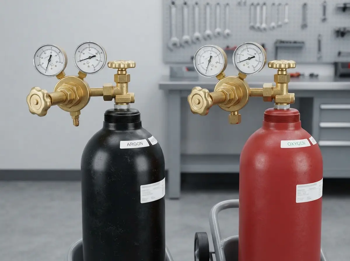 Gas regulators with pressure gauges fitted on industrial gas cylinder