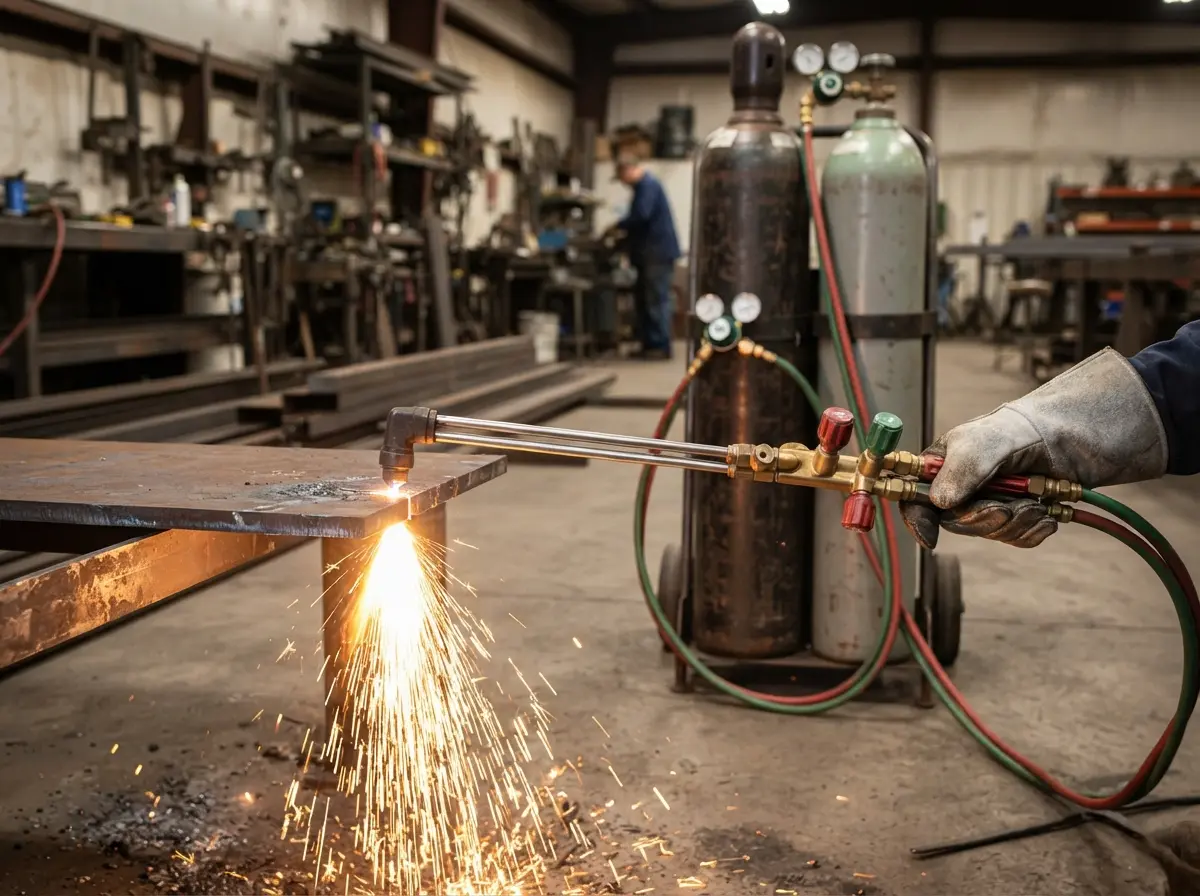 Oxy-acetylene cutting torch with flashback arrestor and gas hoses cutting steel