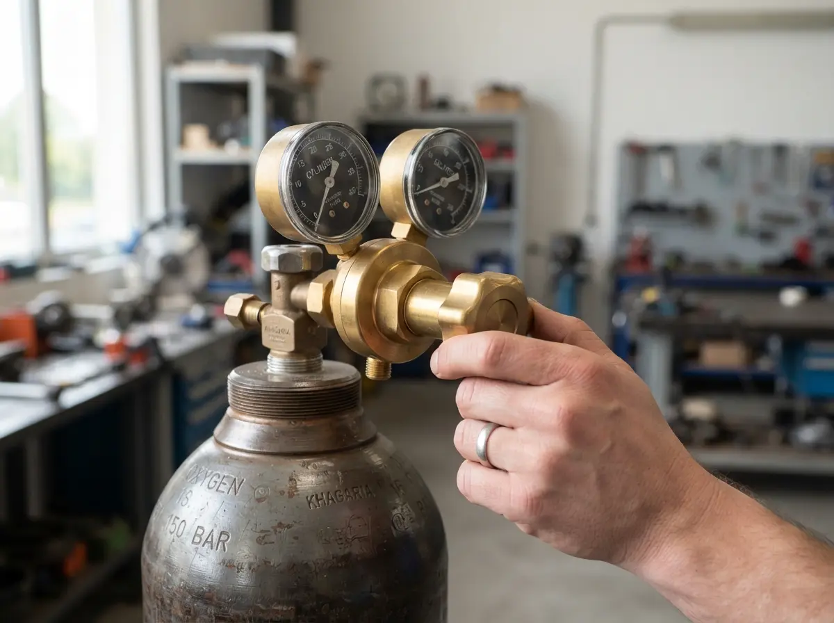 Oxygen regulator fitted on a gas cylinder valve with pressure gauge in Khagaria