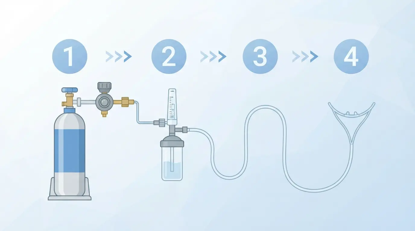 Medical oxygen cylinder setup with regulator, flowmeter, humidifier bottle and cannula tubing
