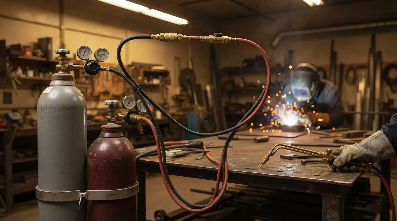 Welding gas hoses and flashback arrestor connected to a torch in a fabrication workshop