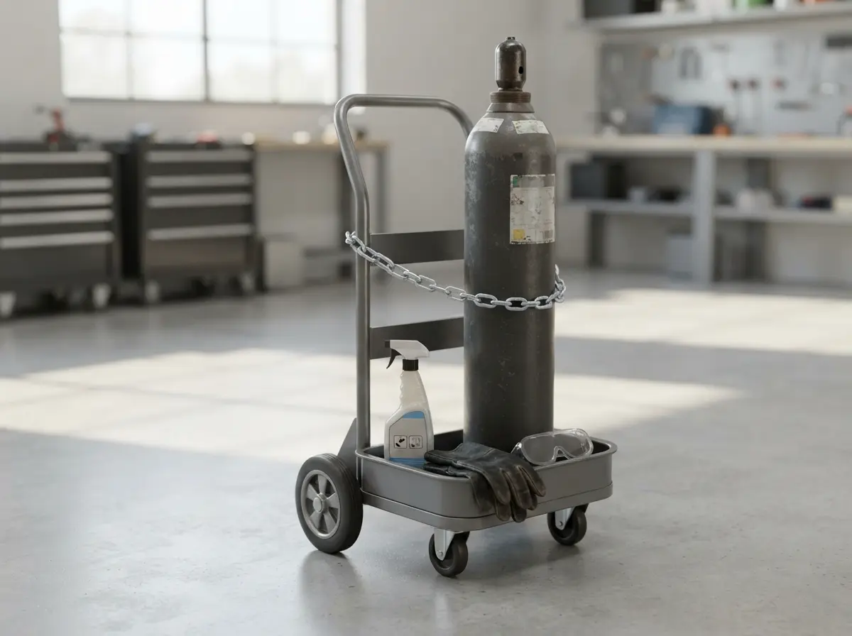 Gas cylinder trolley with safety chain, cylinder cap, leak detection solution and safety gloves