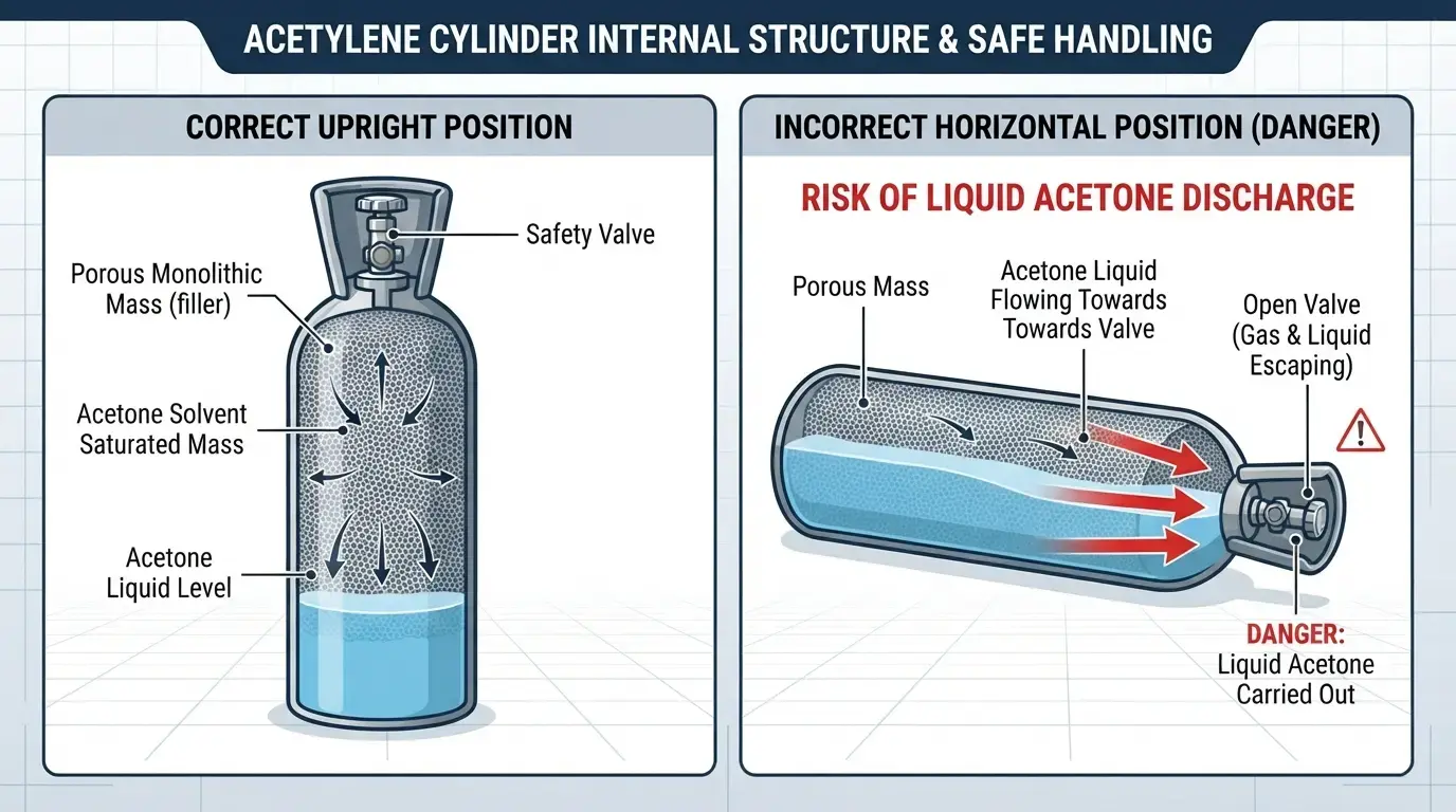 Diagram of an acetylene cylinder showing porous mass and acetone liquid level in upright position