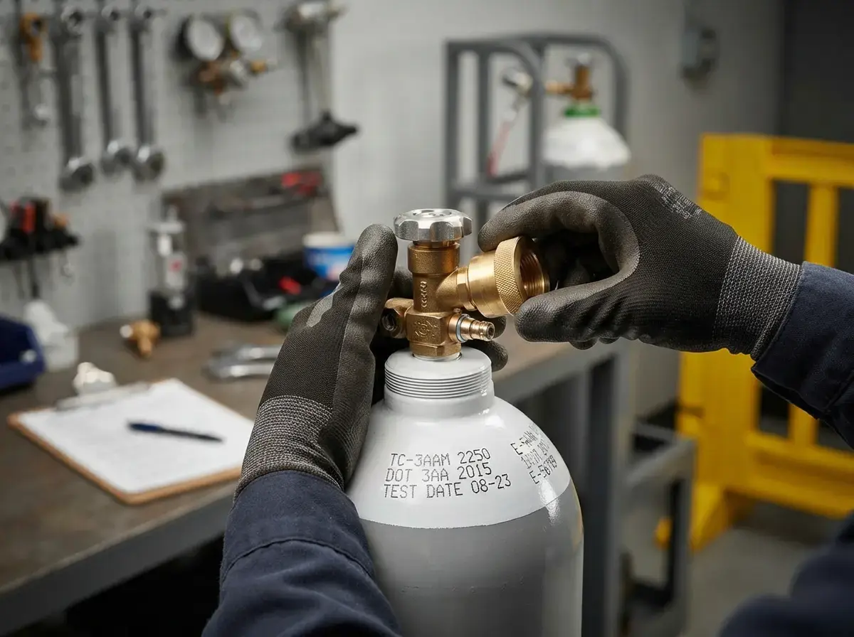 Close-up of a gas cylinder valve with a protective cap being securely fastened by a technician