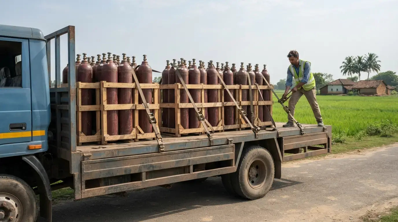 Acetylene cylinders secured upright in a transport truck with wooden blocks and steel straps
