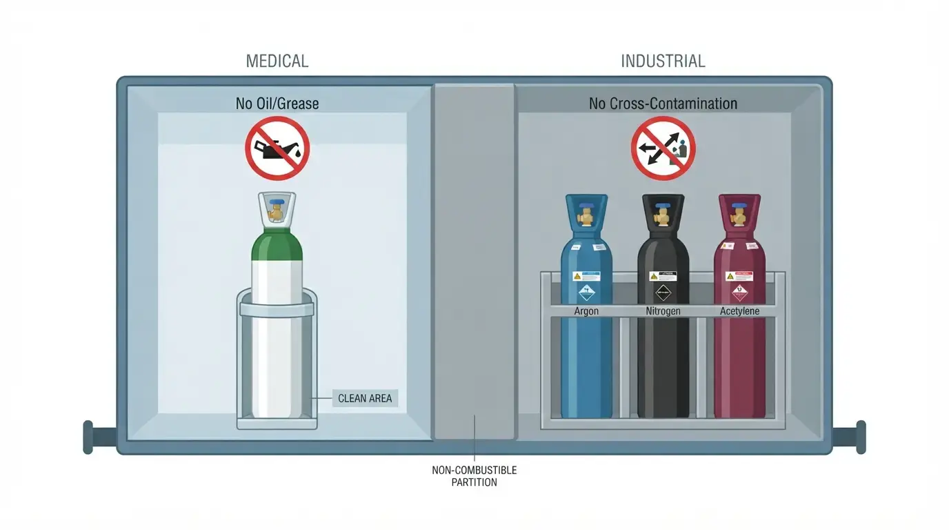 Infographic showing separation rules for medical oxygen and industrial gas cylinders during transport