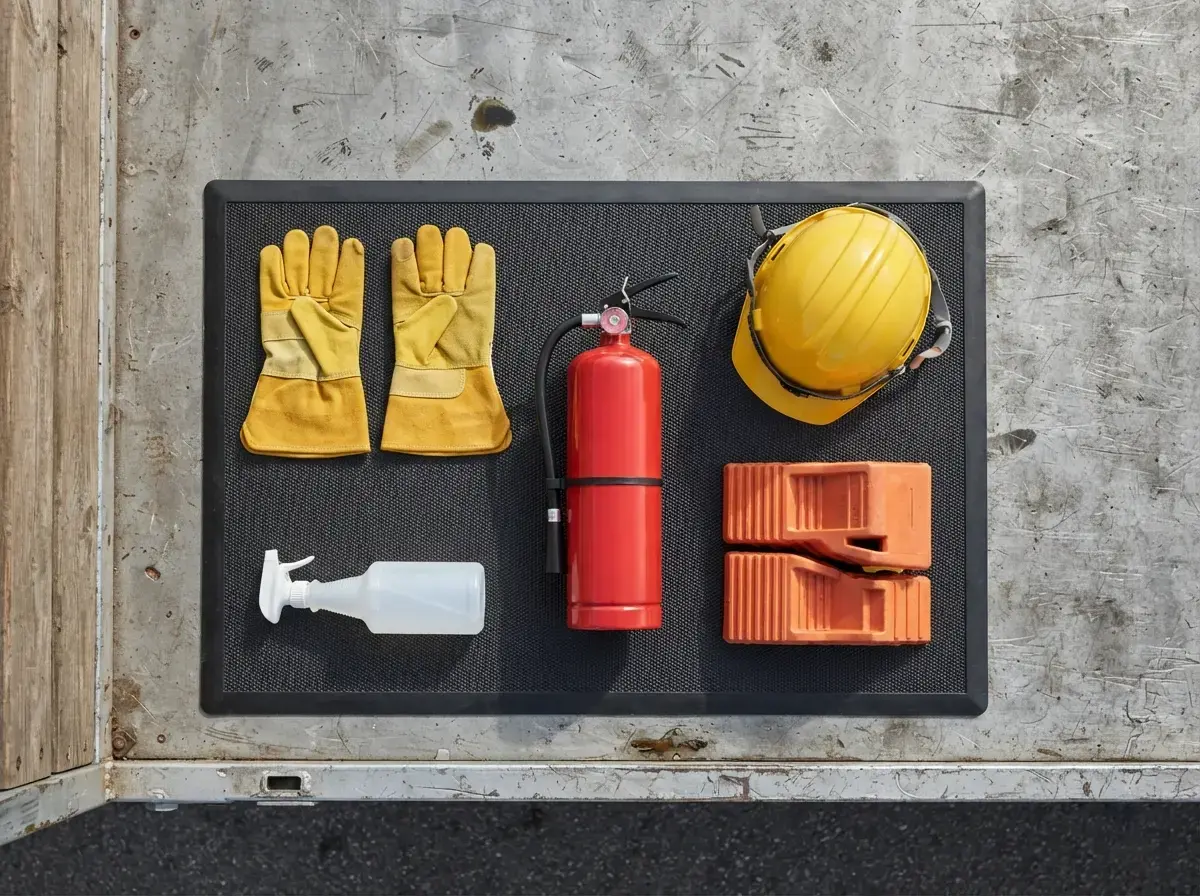 Emergency safety kit for gas cylinder transport vehicle including fire extinguisher, gloves, and leak detection solution