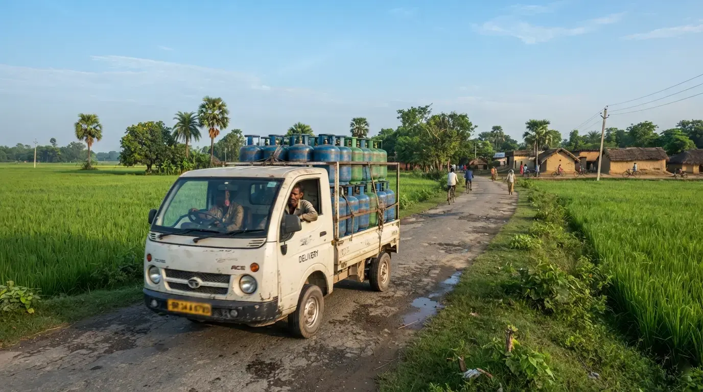 Gas cylinder delivery van on a rural road in Khagaria district Bihar