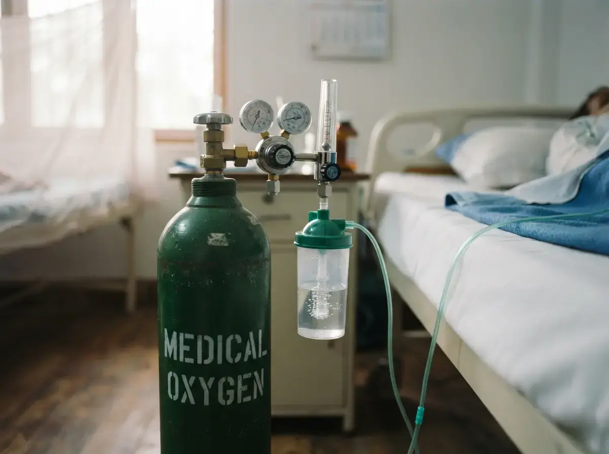 Medical oxygen cylinder with flow meter and humidifier bottle for home care in Khagaria