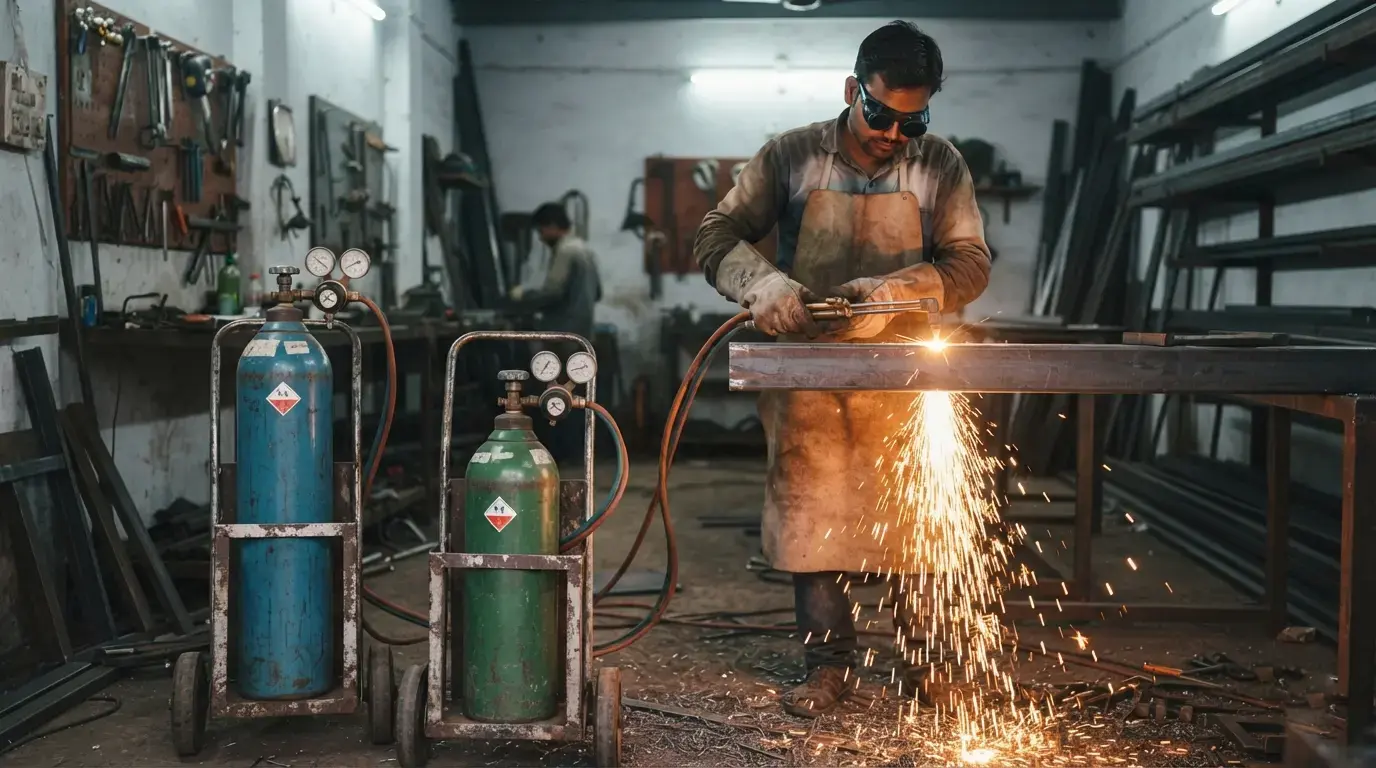 Welding workshop in Khagaria using industrial oxygen and acetylene cylinders
