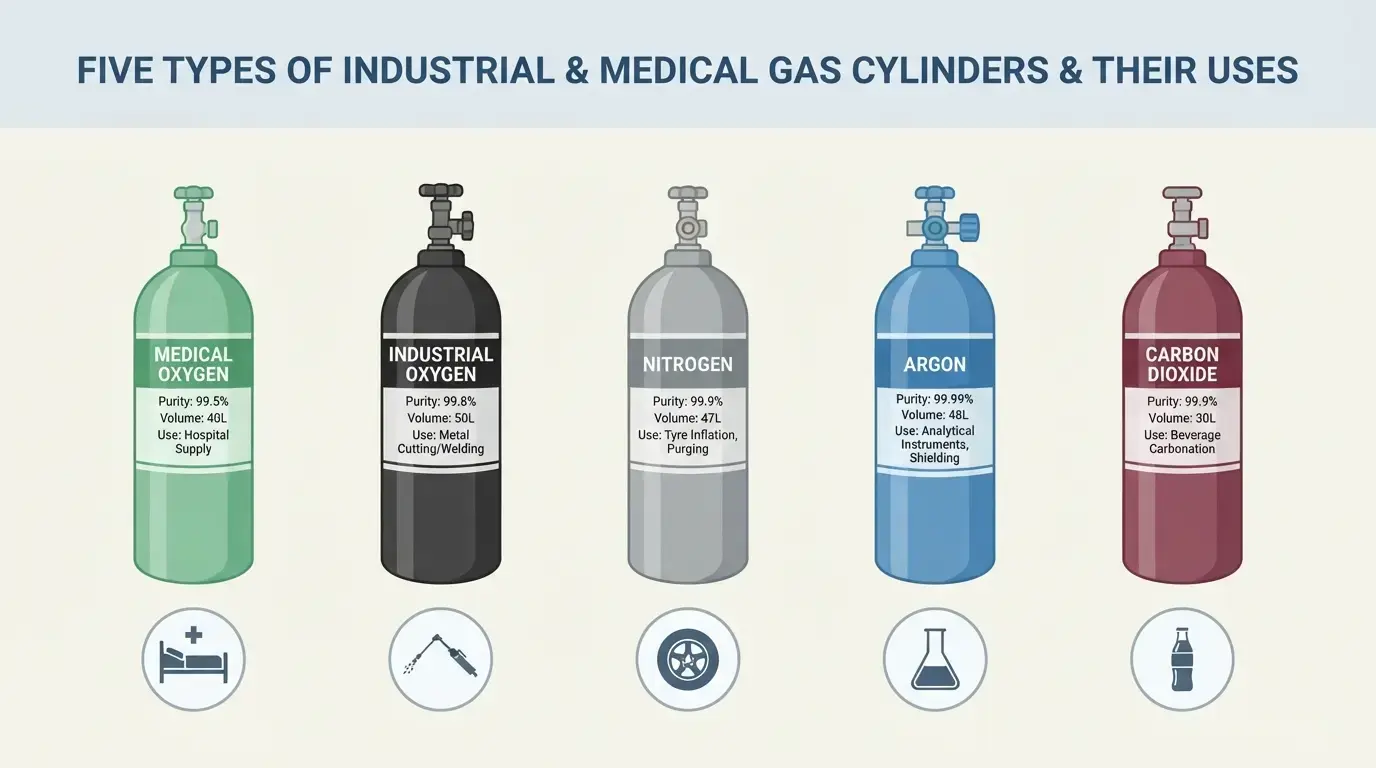 Five types of industrial and medical gas cylinders with their uses infographic