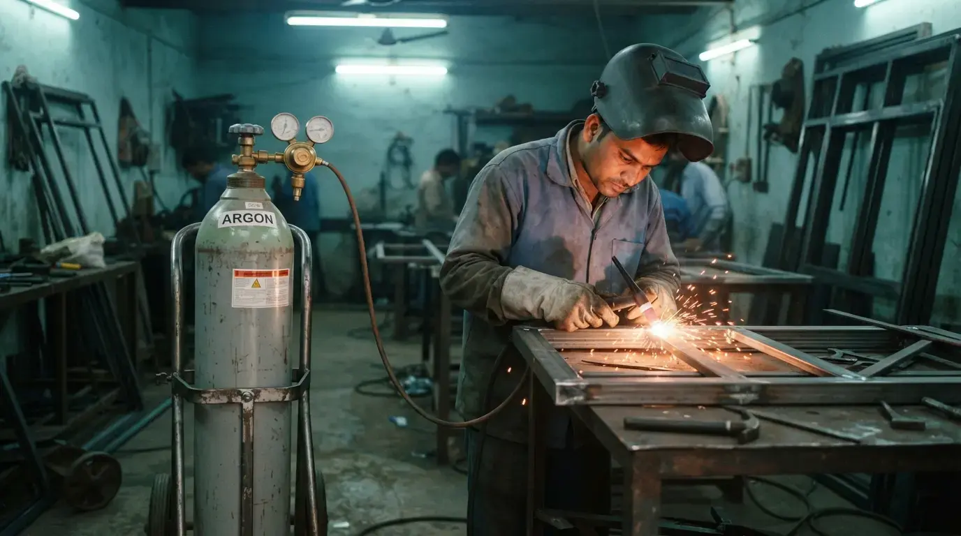 Welder using argon shielding gas cylinder for TIG welding in a Bihar workshop