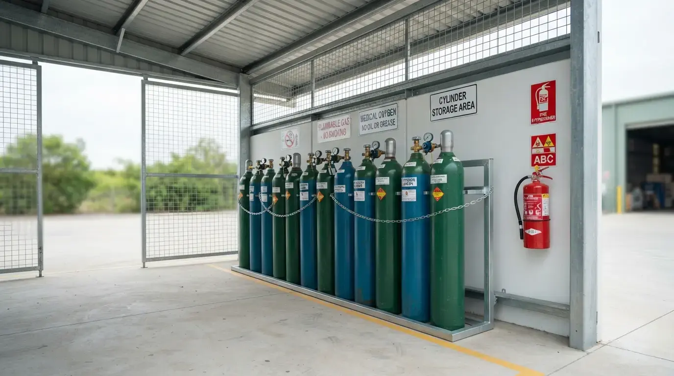 Gas cylinders secured upright with chains in a ventilated storage shed