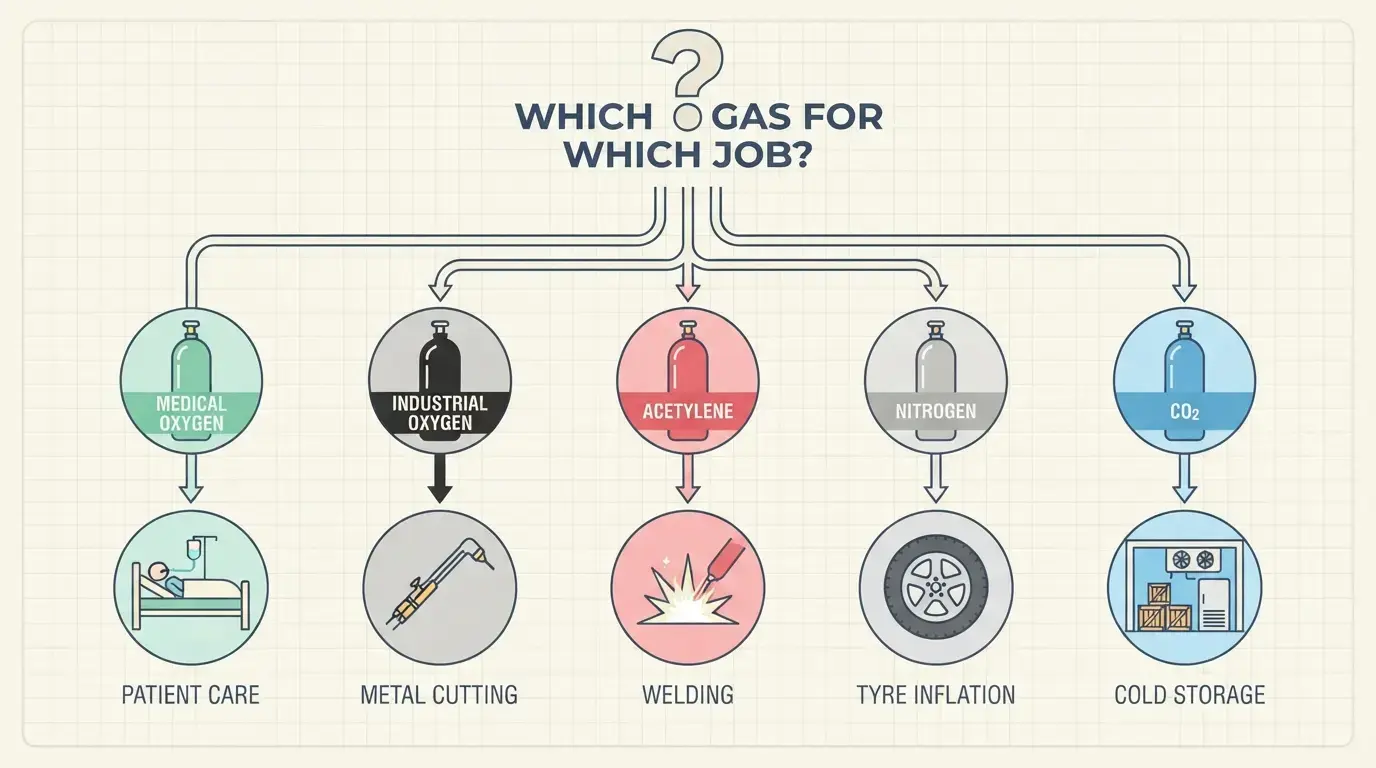 Which gas for which job decision guide infographic for industrial and medical gases