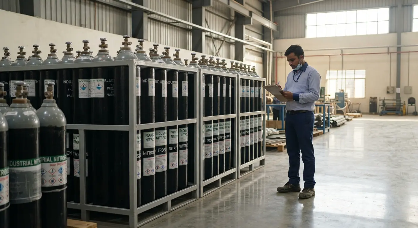 Staff Checking the Nitrogen cylinder at Prem gas Solutions