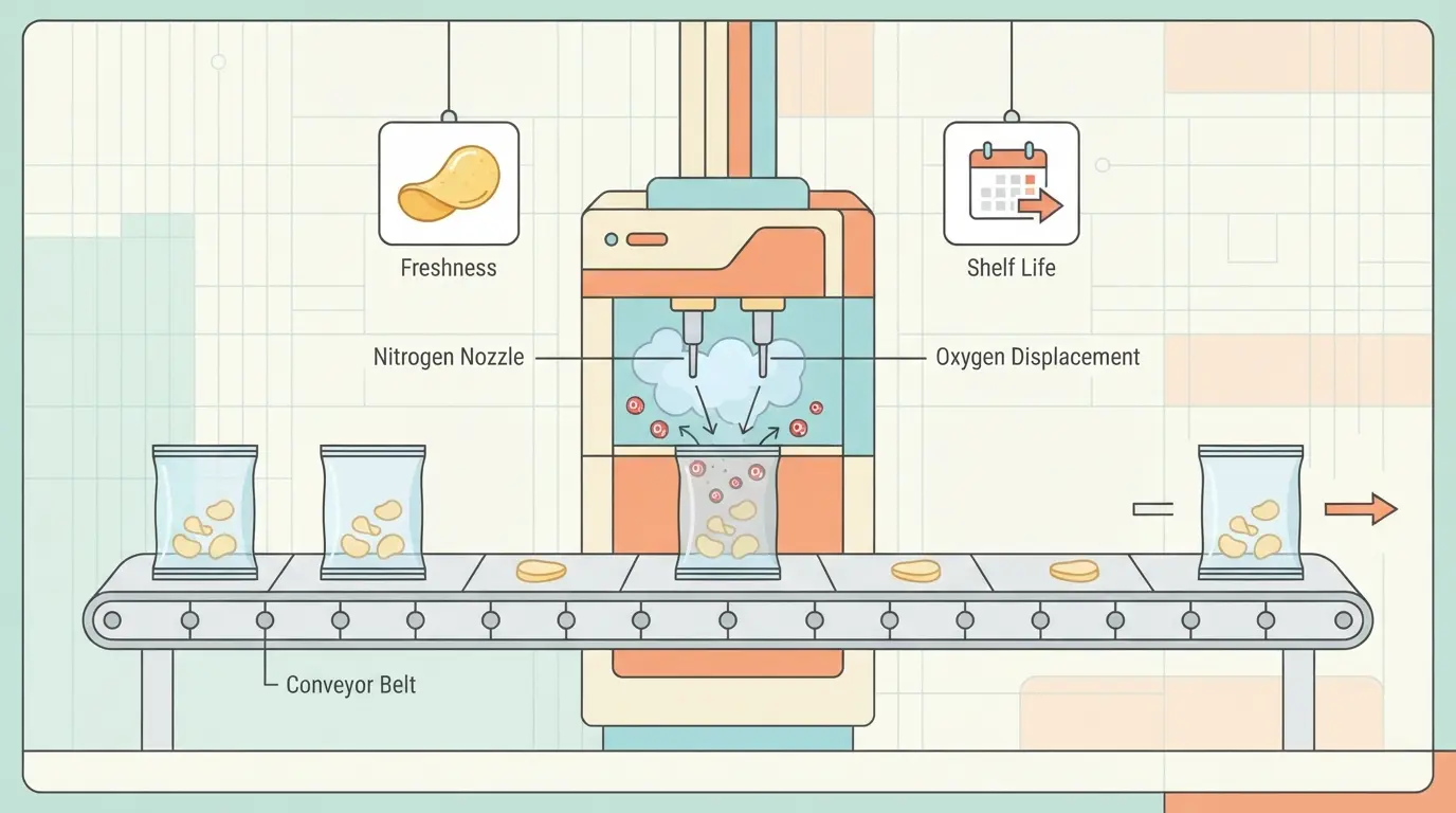 Food packaging machine flushing nitrogen gas into snack pouches