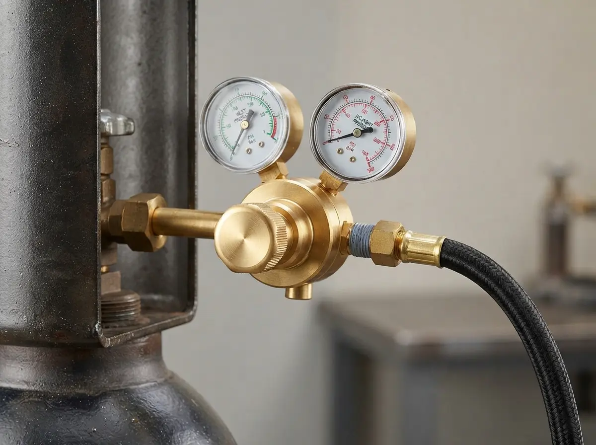 Industrial pressure regulator attached to a nitrogen gas cylinder in a workshop