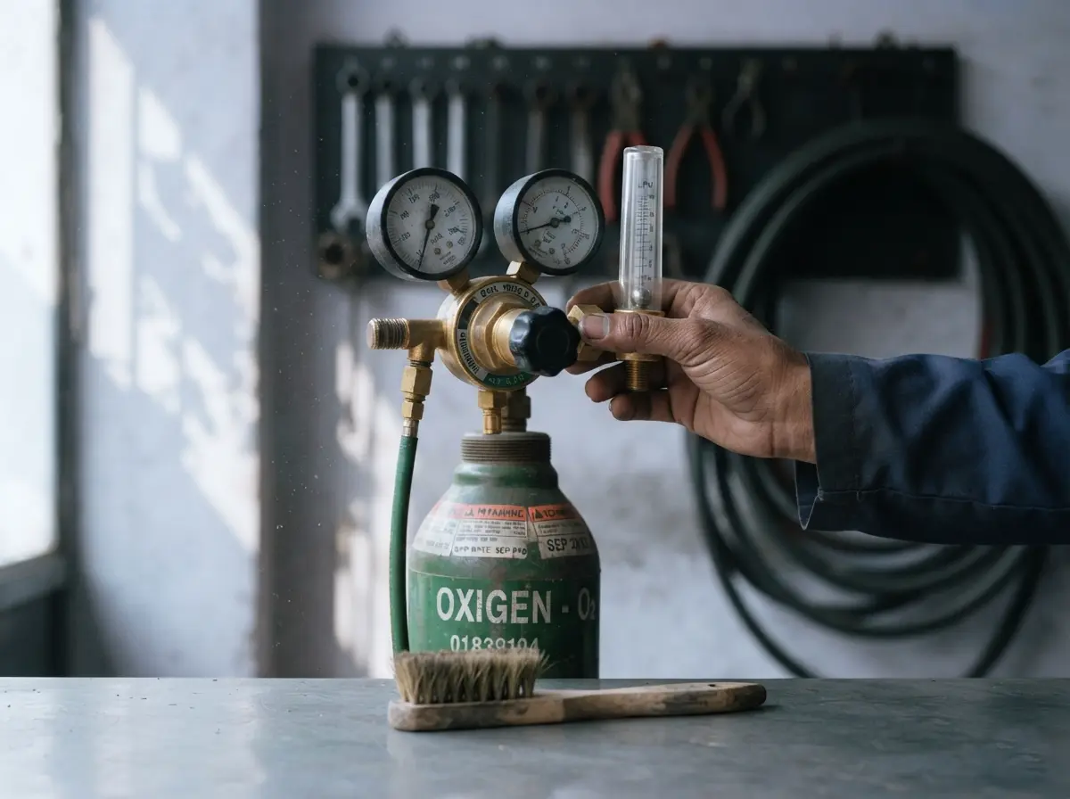 High-pressure and delivery gauges on a gas regulator Gas cylinder regulator pressure gauges and flowmeter close-up in Khagaria workshop