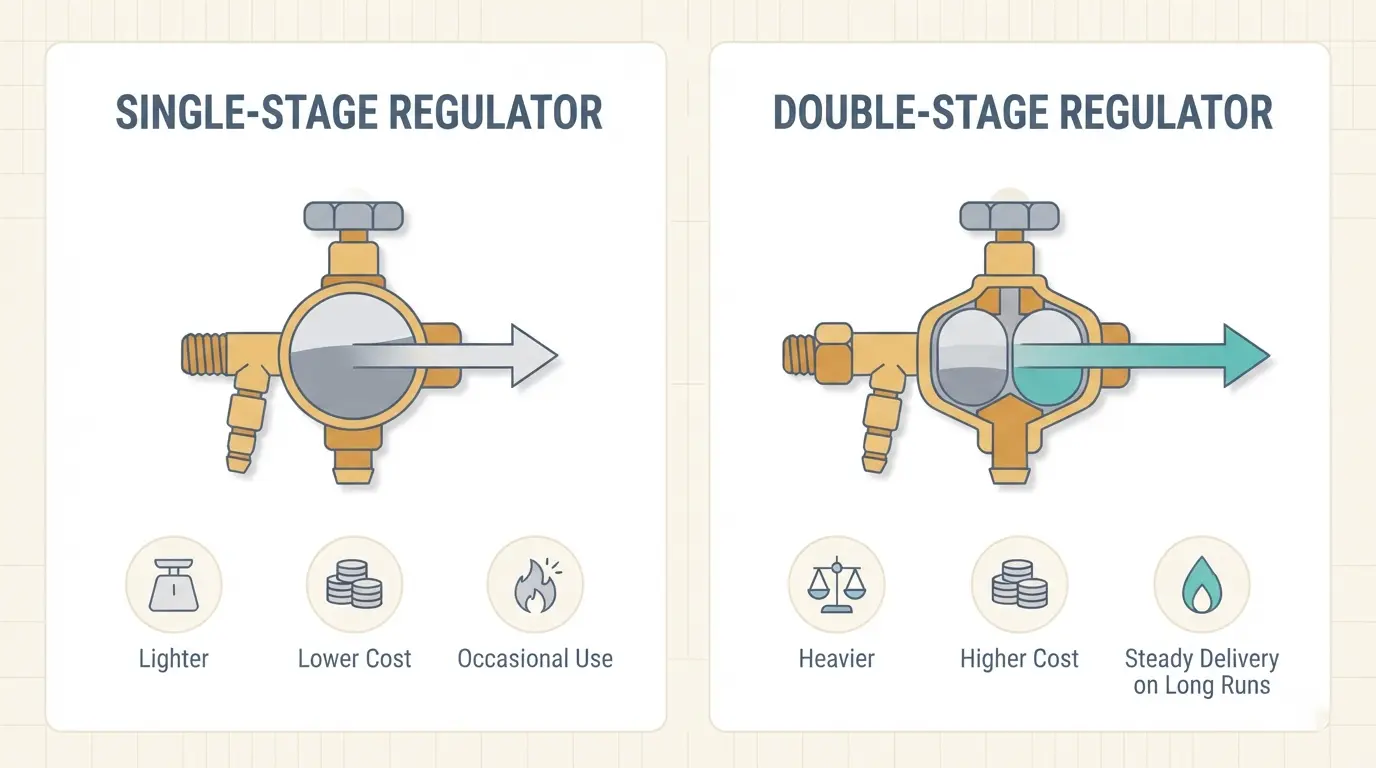 Choosing single-stage or double-stage regulator Single-stage vs double-stage gas regulator comparison infographic