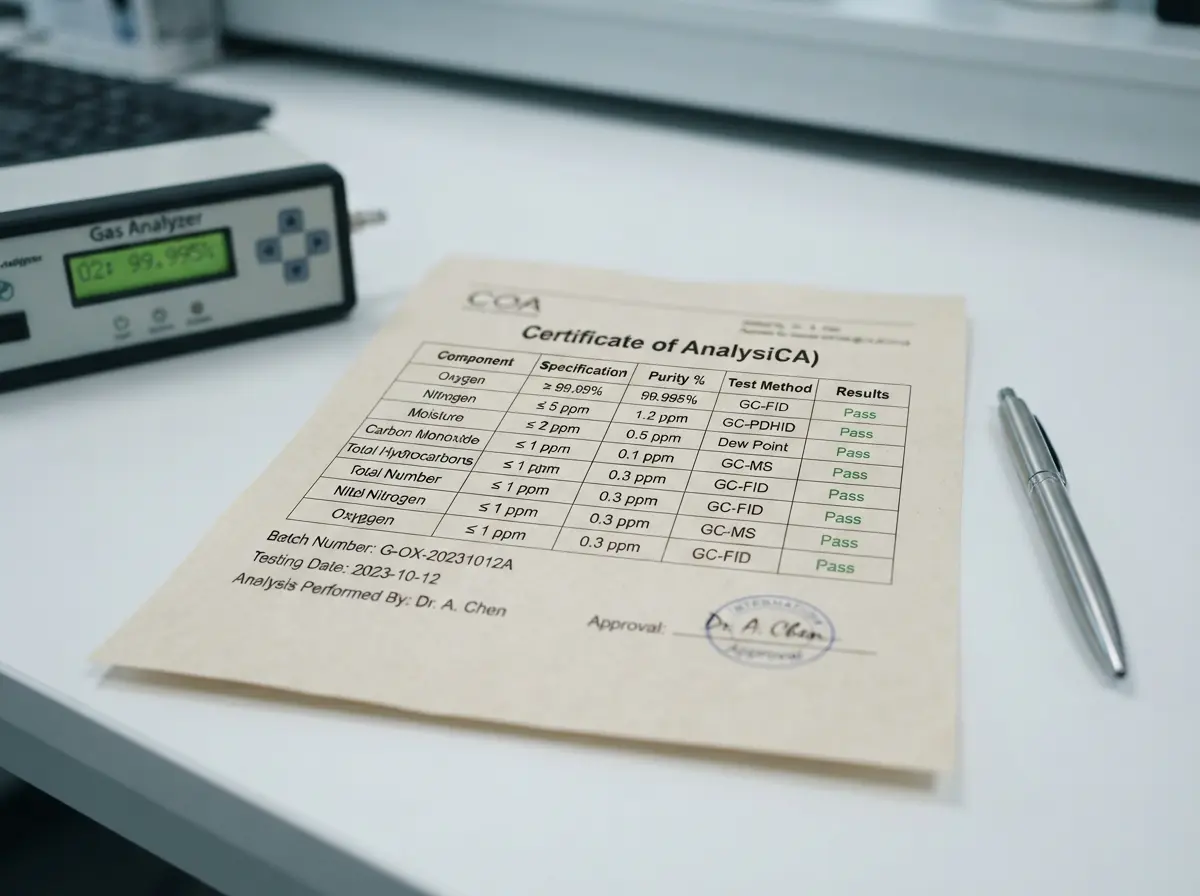 Certificate of Analysis COA document for gas purity verification