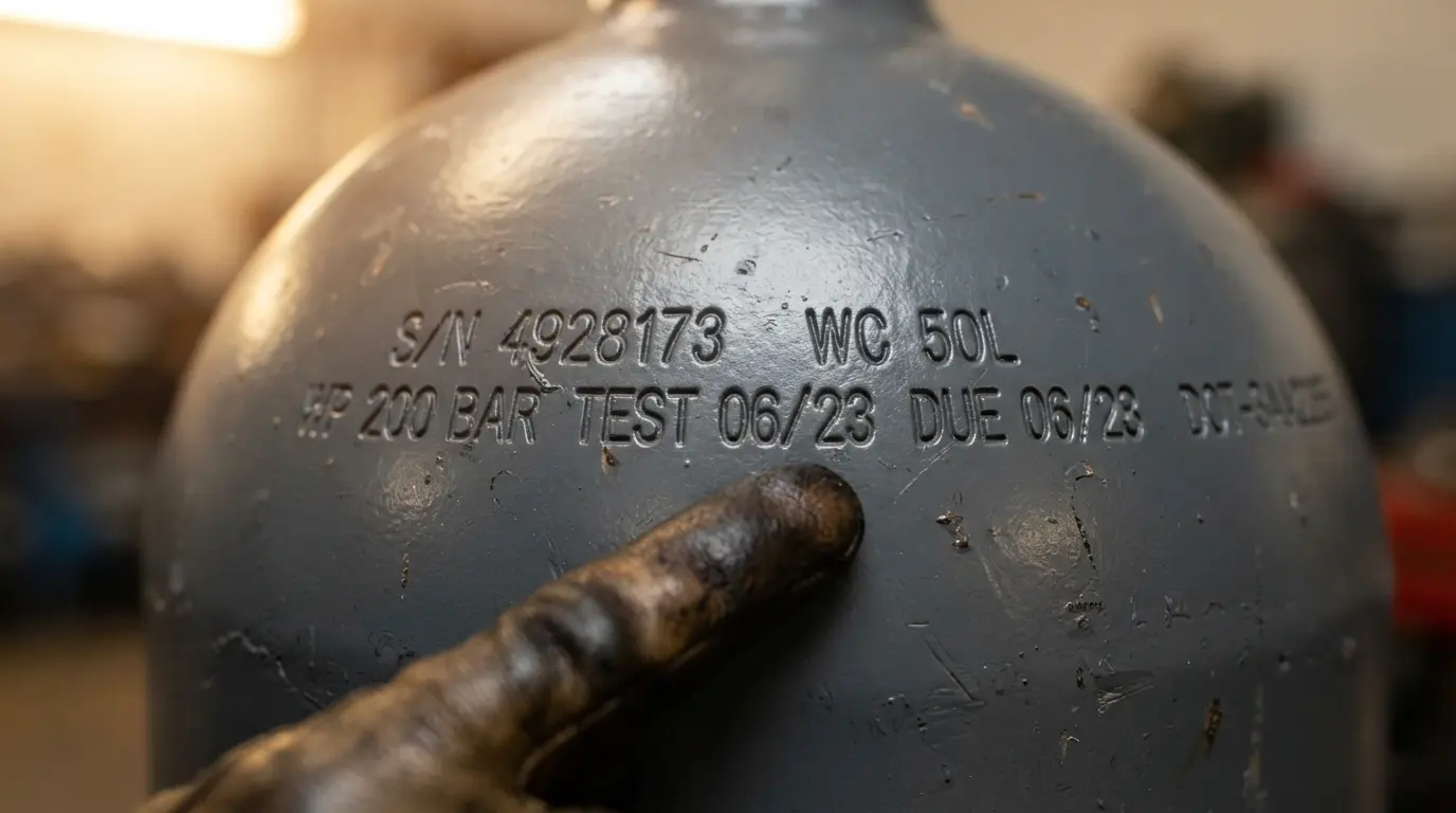 Cylinder markings inspection showing serial number and test date stamps