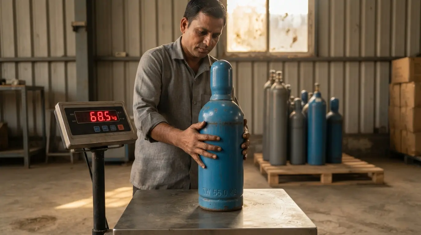 Weighing a gas cylinder to verify gas quantity by gross and tare weight