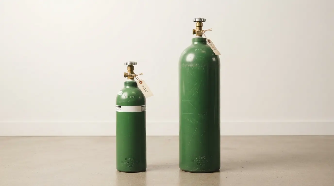 Medical oxygen cylinders B-type D-type and jumbo types displayed together