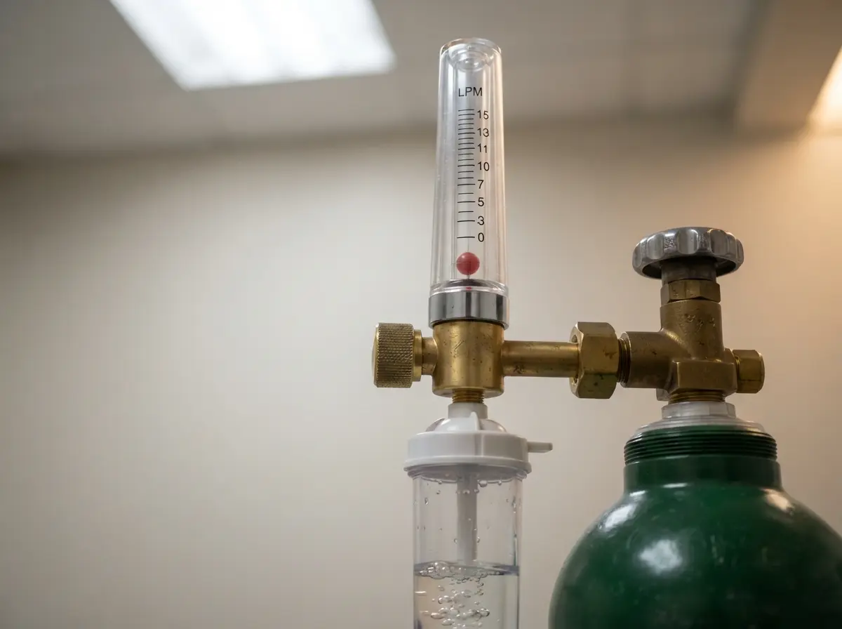 Oxygen flow meter attached to medical cylinder regulator close-up