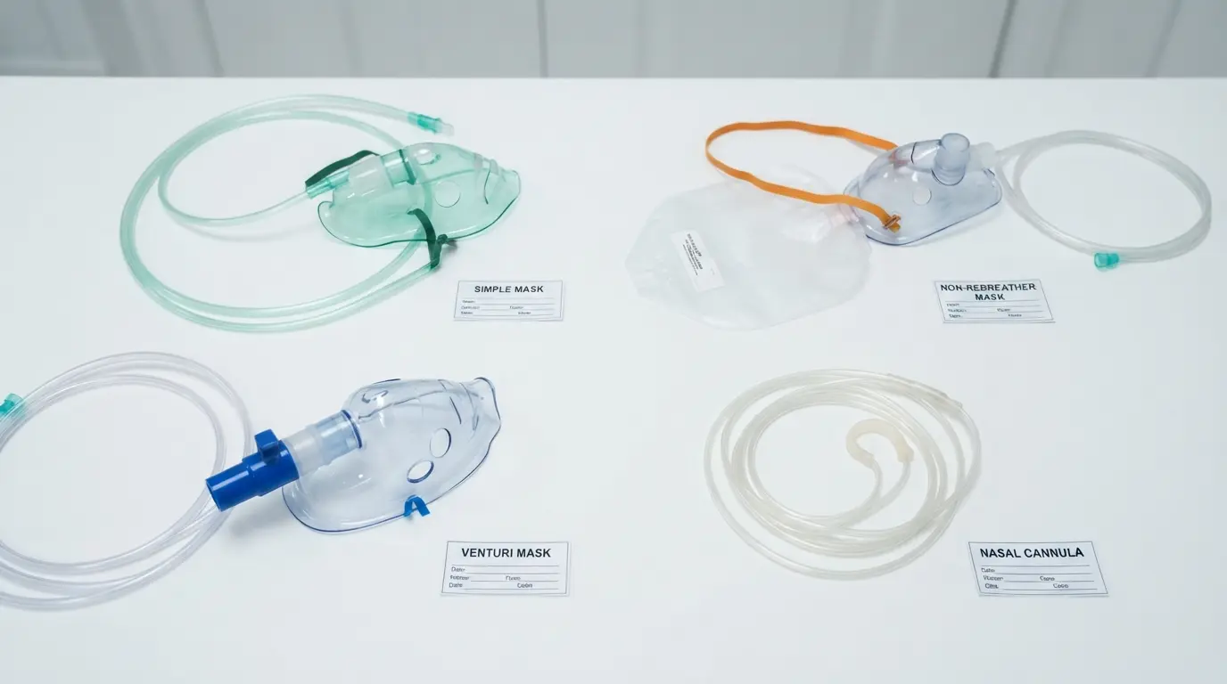 Different types of oxygen masks simple non-rebreather and Venturi displayed TOOLTIP: Medical oxygen mask types for patient care