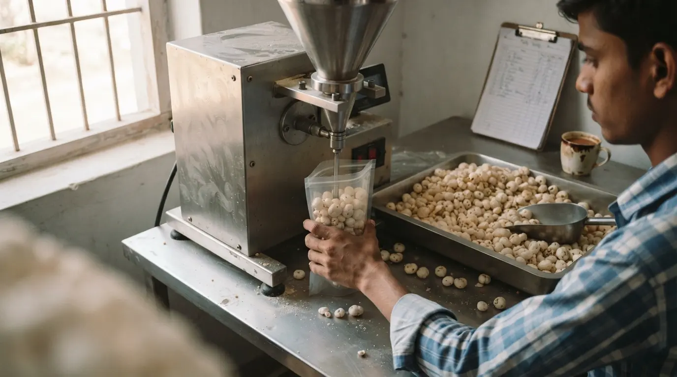Makhana packets being filled on a nitrogen flushing packaging machine in Khagaria