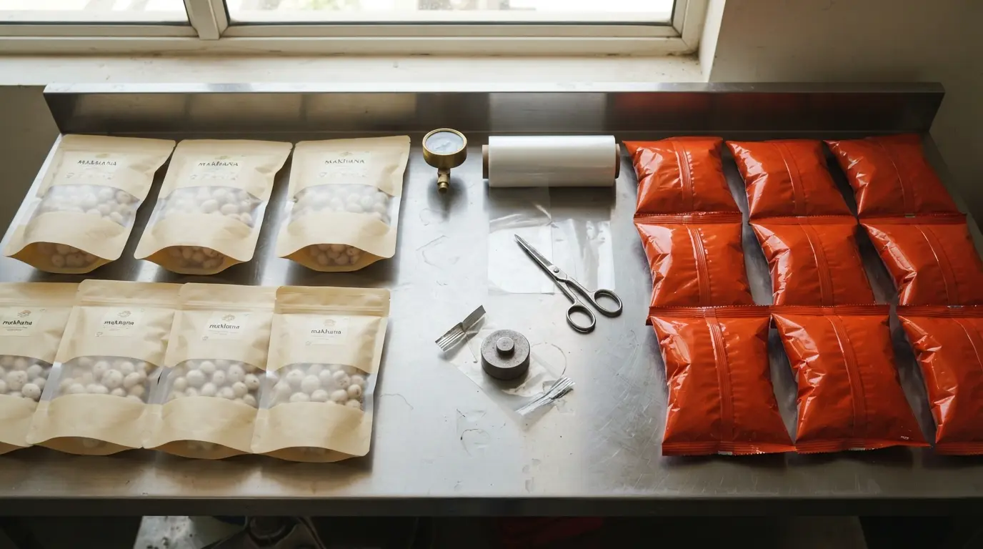 Nitrogen gas packaging for makhana and namkeen with sealed pouches on a packing table