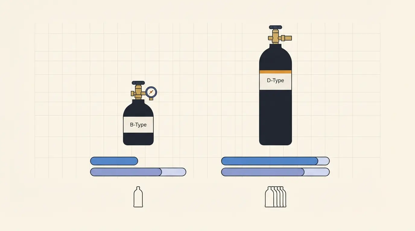 Infographic comparing B-Type and D-Type nitrogen cylinders and packets per cylinder