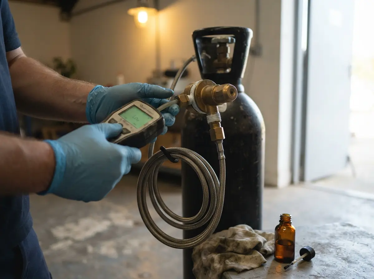 Technician checking nitrogen purity with a calibrated oxygen analyser at a cylinder regulator