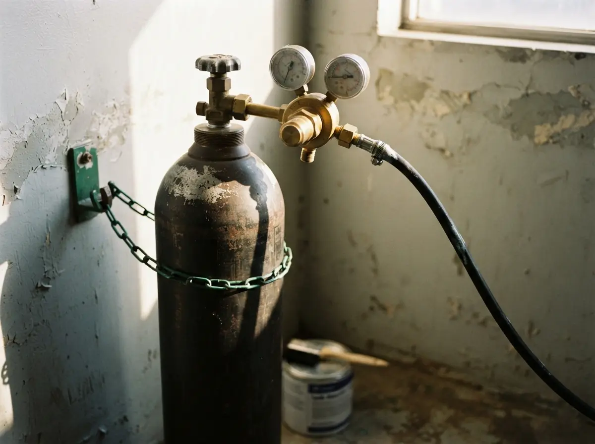 Nitrogen regulator, hose and clamps: the rig between cylinder and pouch Nitrogen gas regulator and high pressure hose connected to a cylinder for food packaging
